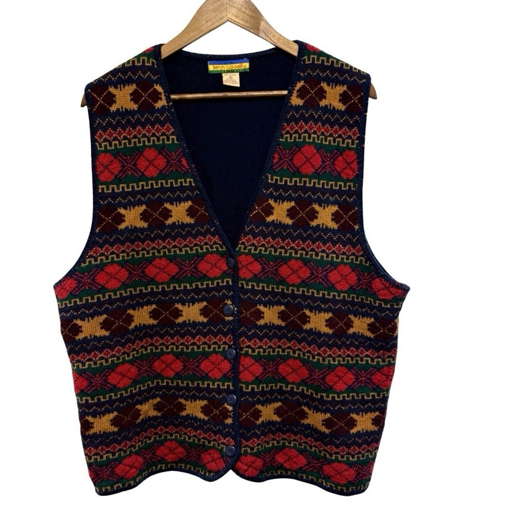 Bryn Connelly Vintage Sweater Vest Womens 2X Blue Patchwork Sleeveless Grandma